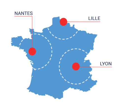Carte des trois agences Blue Serve : Willems près de Lille, La Tour-de-Salvagny près de Lyon et Carquefou près de Nantes